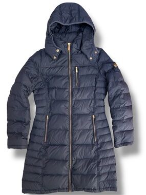 Michael Kors Feathers & Down Filled Black Mid Length Puffer Winter Coat Hooded